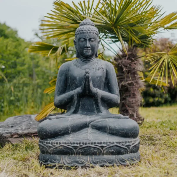 Statue bouddha assis namaste noir antique 100cm pour jardin extérieur
