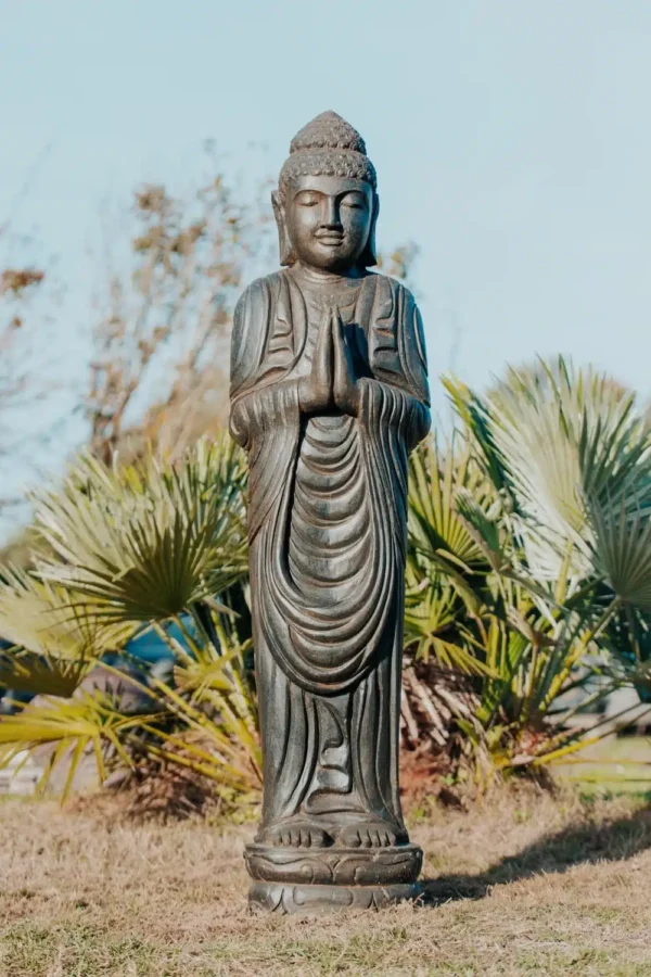 Statue bouddha debout en pierre naturelle noir antique 1m50 – Image 3