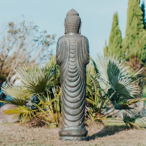 Statue bouddha debout en pierre naturelle noir antique 1m50 – Image 4
