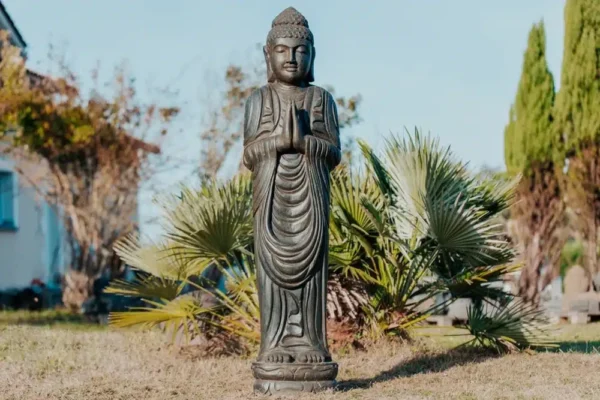 Statue bouddha debout en pierre naturelle noir antique 1m50 – Image 5