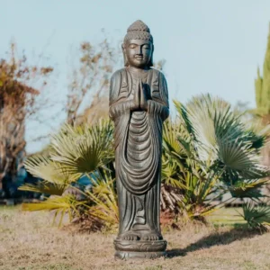 Statue bouddha debout en pierre naturelle noir antique 1m50