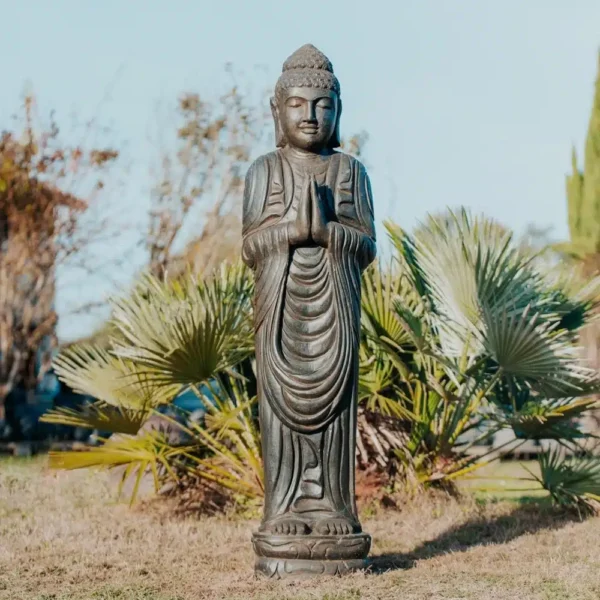 Statue bouddha debout en pierre naturelle noir antique 1m50