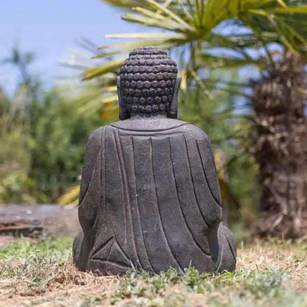 Statue bouddha japonais assis jardin extérieur en pierre naturelle noir antique 50cm – Image 3
