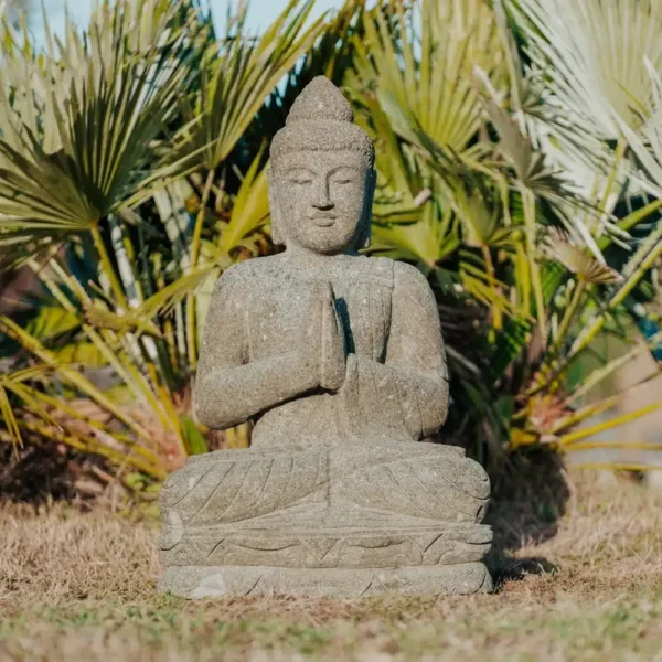 Grande statue de Bouddha en pierre volcanique naturelle Namaste 75cm