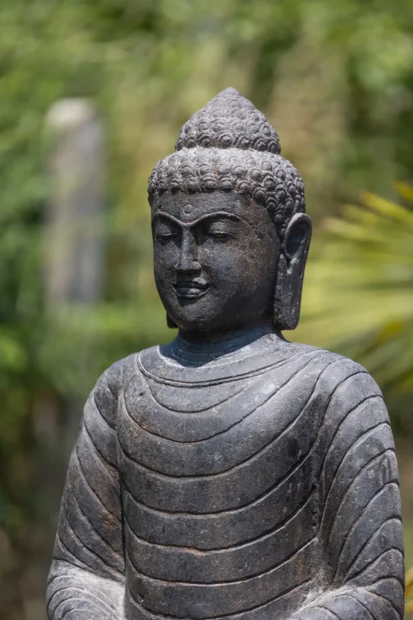 Statue bouddha assis en pierre naturelle noir 100cm – Image 2