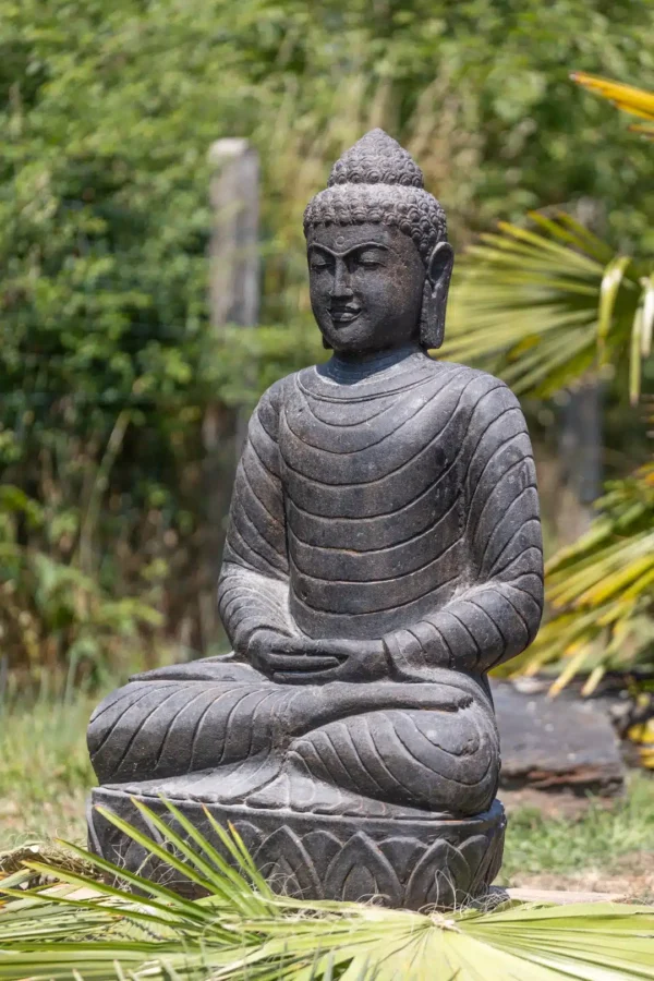 Statue bouddha assis en pierre naturelle noir 100cm – Image 3