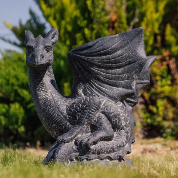 Statue de jardin dragon extérieur noir antique 70cm
