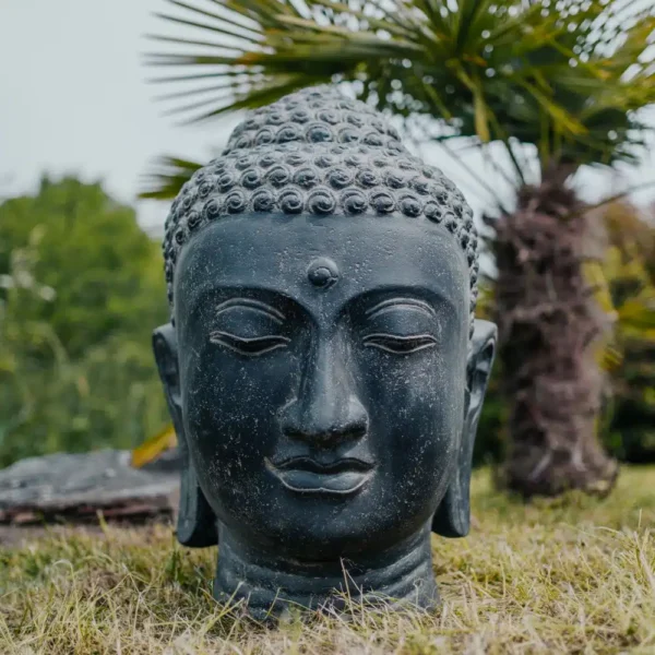 Statue de jardin fontaine tête de Bouddha noir antique 75cm