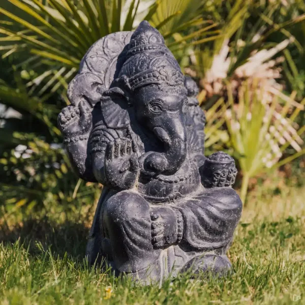 Statue de jardin ganesh assis extérieur noir antique 50cm