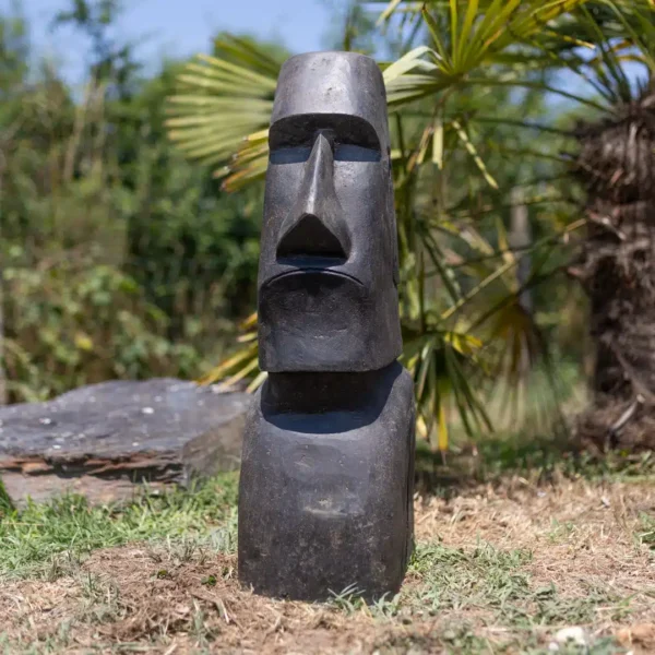 Statue MOAÏ noir de jardin en pierre volcanique, 75 cm