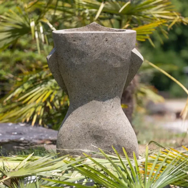 Statue visage primitif moaï jardinière sculpture en pierre volcanique naturelle pot de fleur 80cm – Image 3