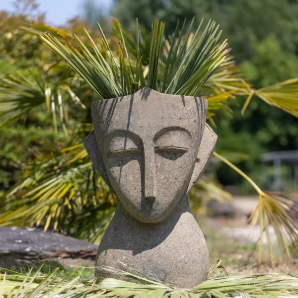 Statue visage primitif moaï jardinière sculpture en pierre volcanique naturelle pot de fleur 80cm – Image 2