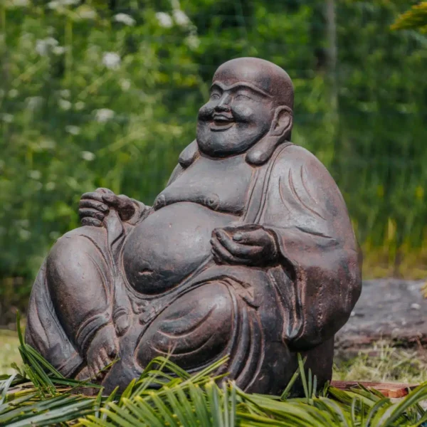 Statue gros Bouddha assis rieur en pierre volcanique noir antique 75 cm – Image 2