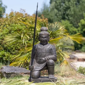 Statue de Guerrier Chinois Xian à Genoux en Pierre Naturelle Noir Antique 102cm
