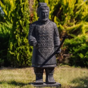 Statue Guerrier Chinois Xian Debout avec Lance Jardin Extérieur Noir Antique 102cm