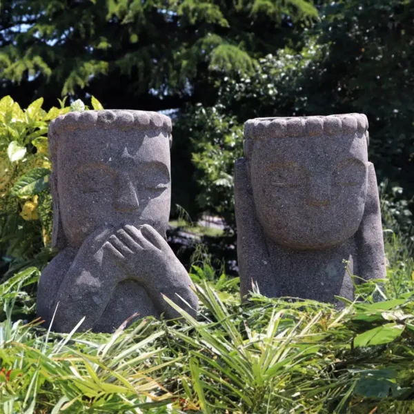 Ensemble statue visage primitif moaï jardinière sculpture en pierre volcanique naturelle pot de fleur 50cm - child – Image 2