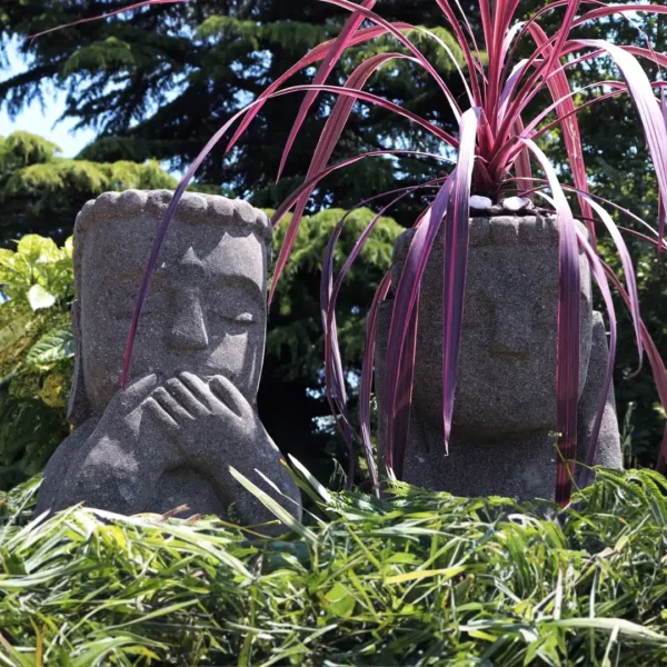 Ensemble statue visage primitif moaï jardinière sculpture en pierre volcanique naturelle pot de fleur 50cm - child – Image 3