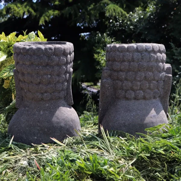 Ensemble statue visage primitif moaï jardinière sculpture en pierre volcanique naturelle pot de fleur 50cm - child – Image 4