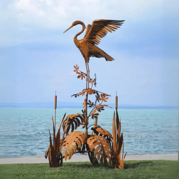 Sculpture héron cigogne sur végétaux en métal aspect rouillé (St37) 218 cm – Image 3