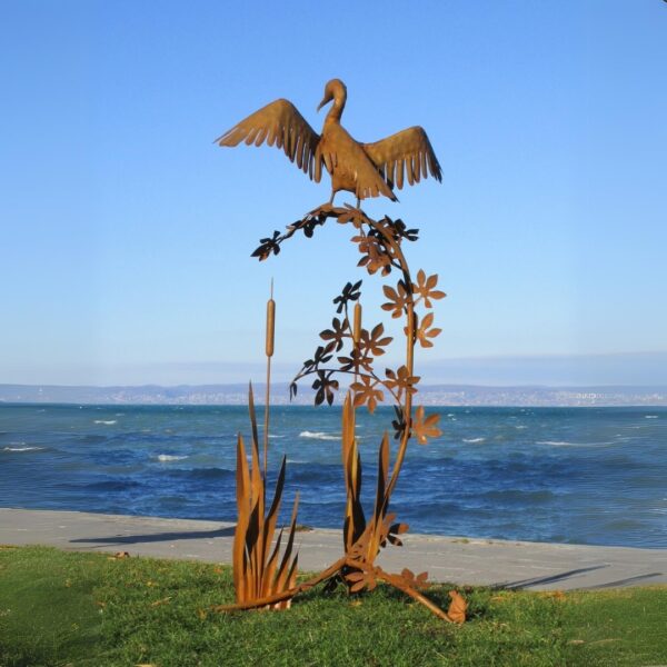 Sculpture de jardin 1 cormoran sur végétaux en acier (ST37) aspect rouille 182cm – Image 2