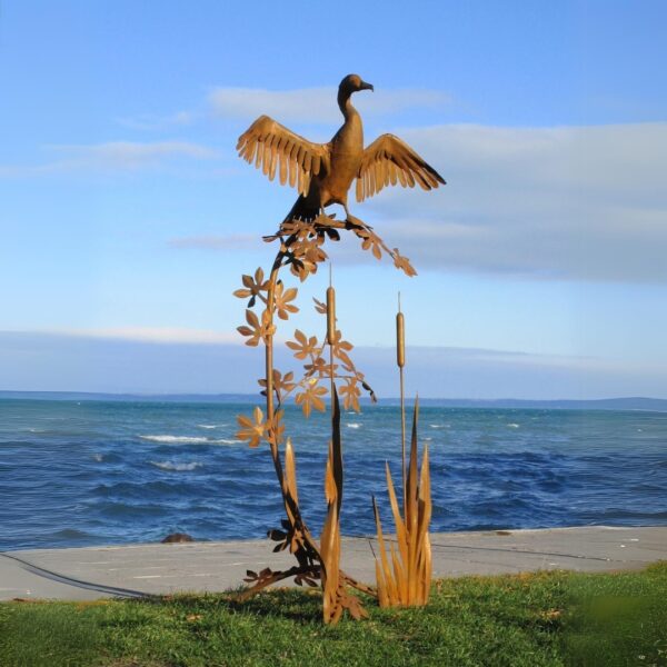 Sculpture de jardin 1 cormoran sur végétaux en acier (ST37) aspect rouille 182cm – Image 3
