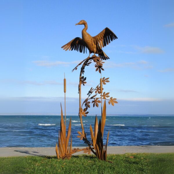 Sculpture de jardin oiseau cormoran sur végétaux en acier inoxydable 182cm – Image 8