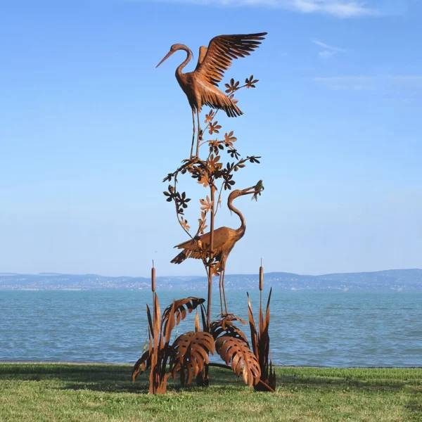 Sculpture de 2 hérons sur végétaux en acier inoxydable 300cm – Image 5