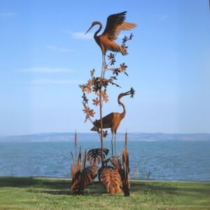 Sculpture de 2 hérons sur végétaux en métal aspect rouillé 300cm (St37)
