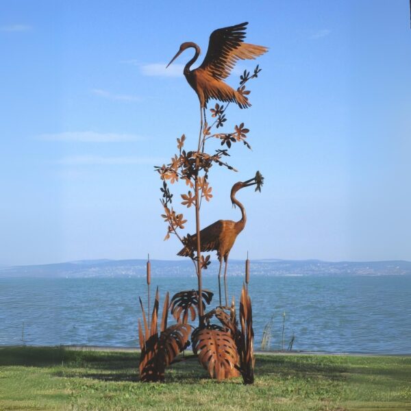 Sculpture de 2 hérons sur végétaux en métal aspect rouillé 300cm (St37)