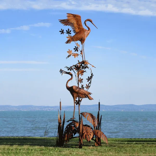 Sculpture de 2 hérons sur végétaux en métal aspect rouillé 300cm (St37) – Image 2