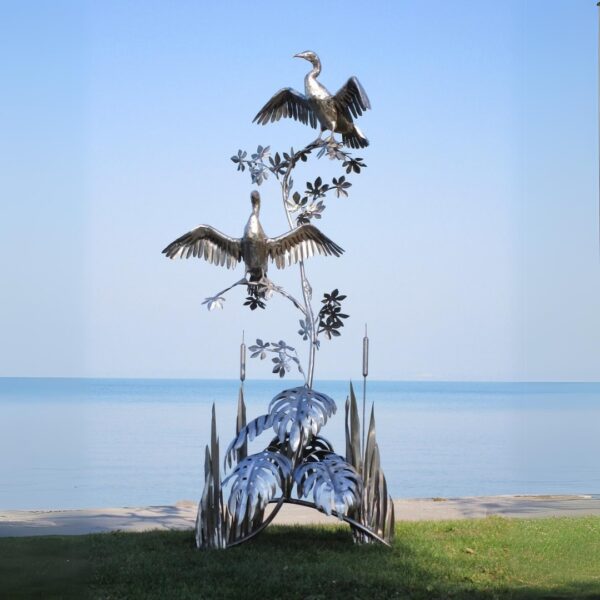 Sculpture de jardin sur branches - 2 oiseaux cormorans en acier inoxydable 270cm – Image 3