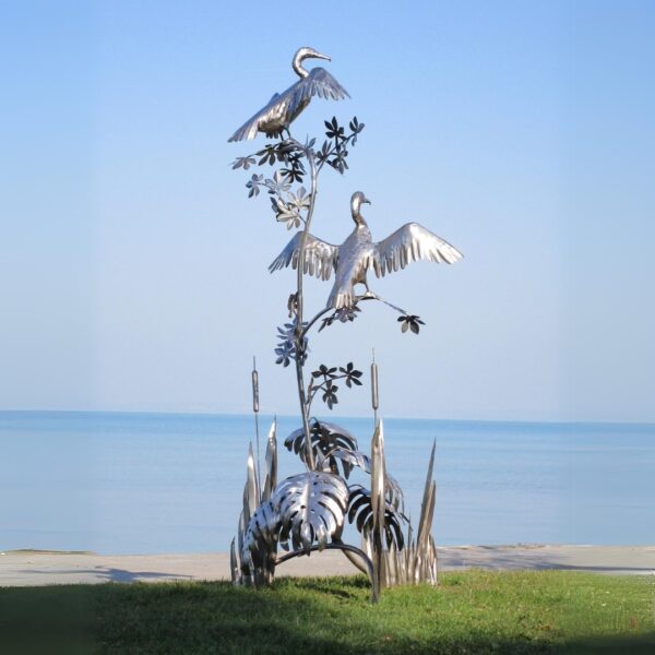 Sculpture de jardin sur branches - 2 oiseaux cormorans en acier inoxydable 270cm