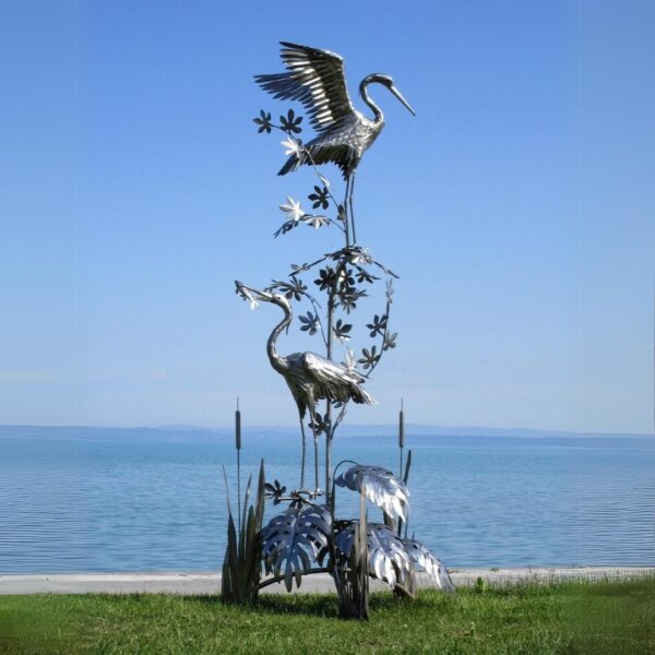 Sculpture de 2 hérons sur végétaux en acier inoxydable 300cm