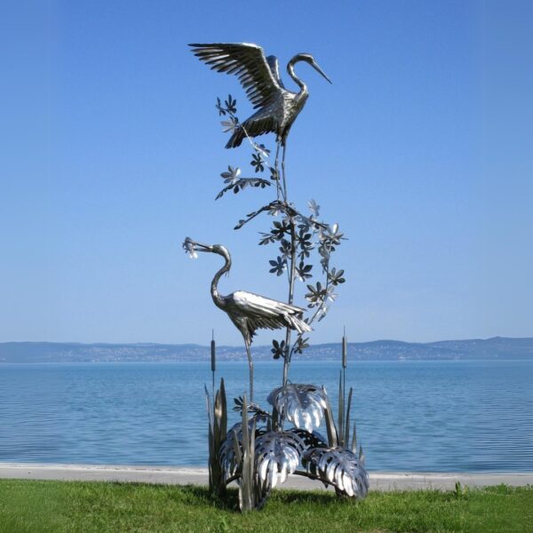 Sculpture de 2 hérons sur végétaux en acier inoxydable 300cm – Image 3