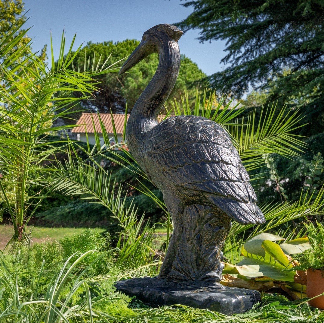 Statue cigogne noire en pierre reconstituée 100 cm – Image 3