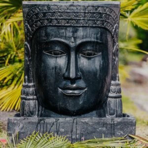Fontaine tête visage de Bouddha khmer avec bassin noir 180cm
